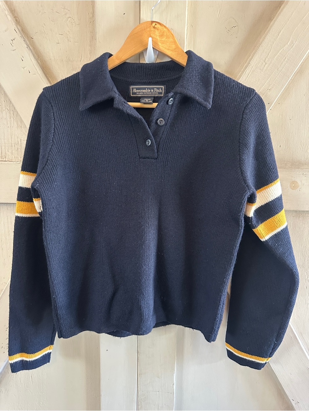 Vintage Abercrombie & Fitch Wool Sweater Polo Navy Stripe Sleeve Y2K Medium